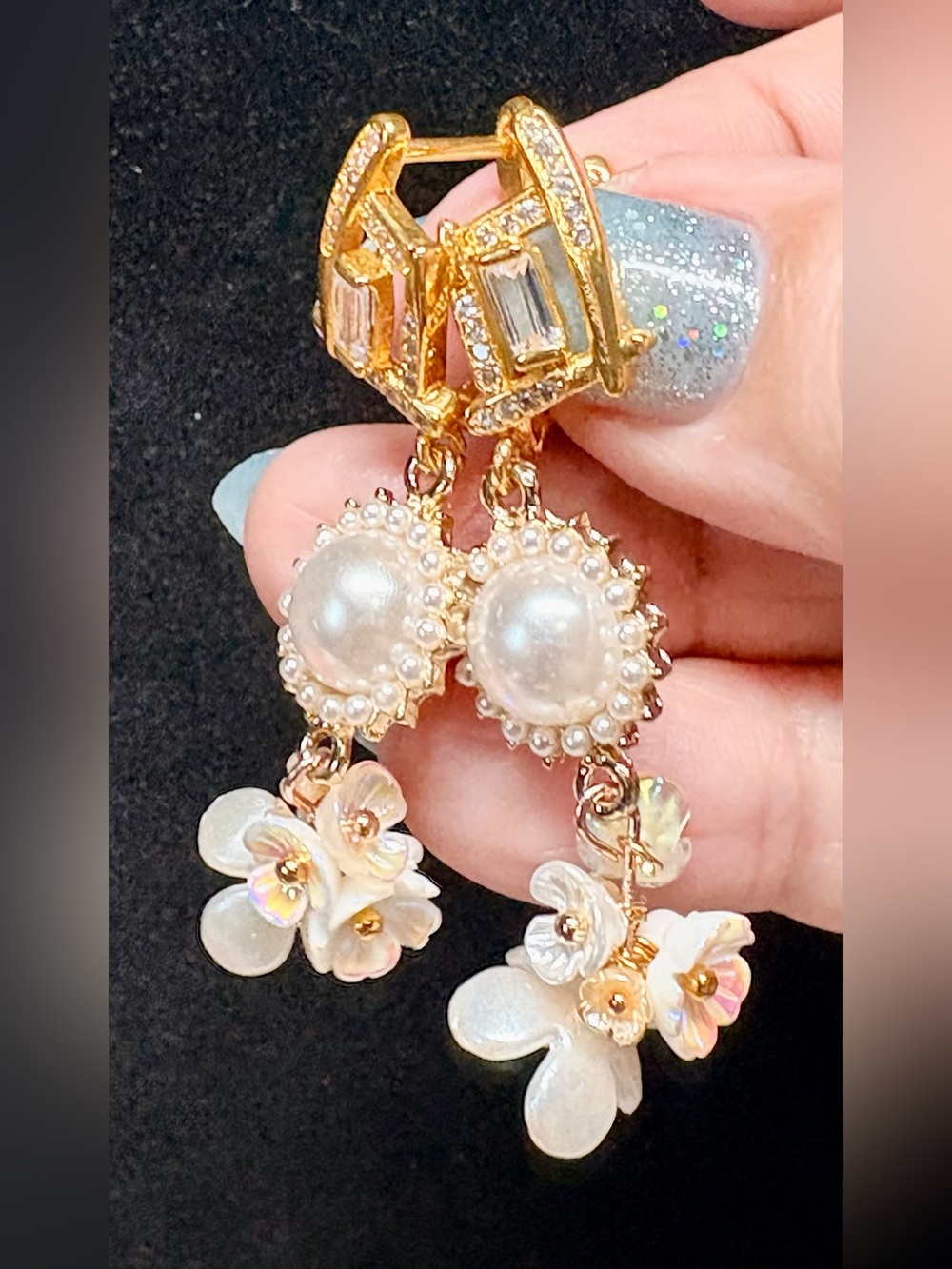 Gold Pearl & Mother-of-Pearl Floral Drop Earrings - White